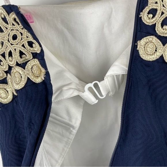 LILLY PULITZER BETSEY JACQUARD FLORAL LACE NAVY GOLD STRAPLESS MINI DRESS - Picture 12 of 16